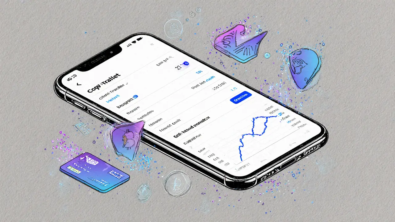 Floating mobile crypto interface with  deposit button and transaction icons