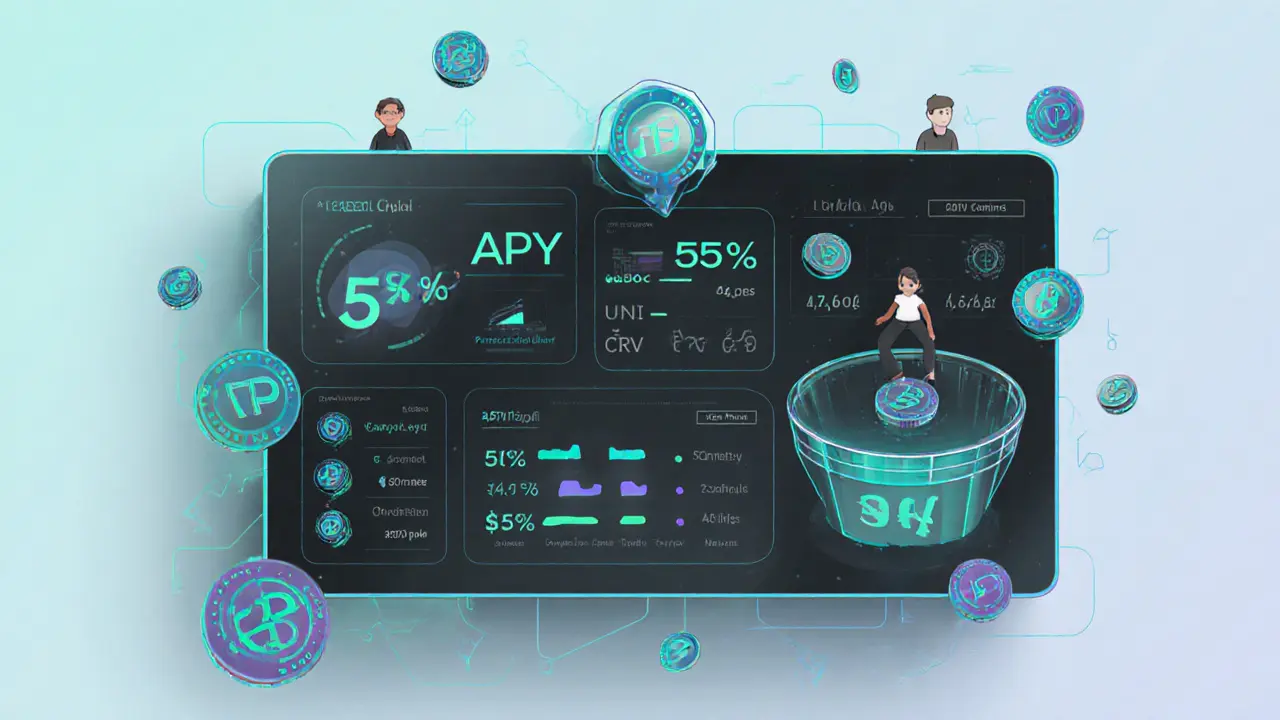 Floating yield farm dashboard with APY stats and protocol tokens, no text, industrial design style.