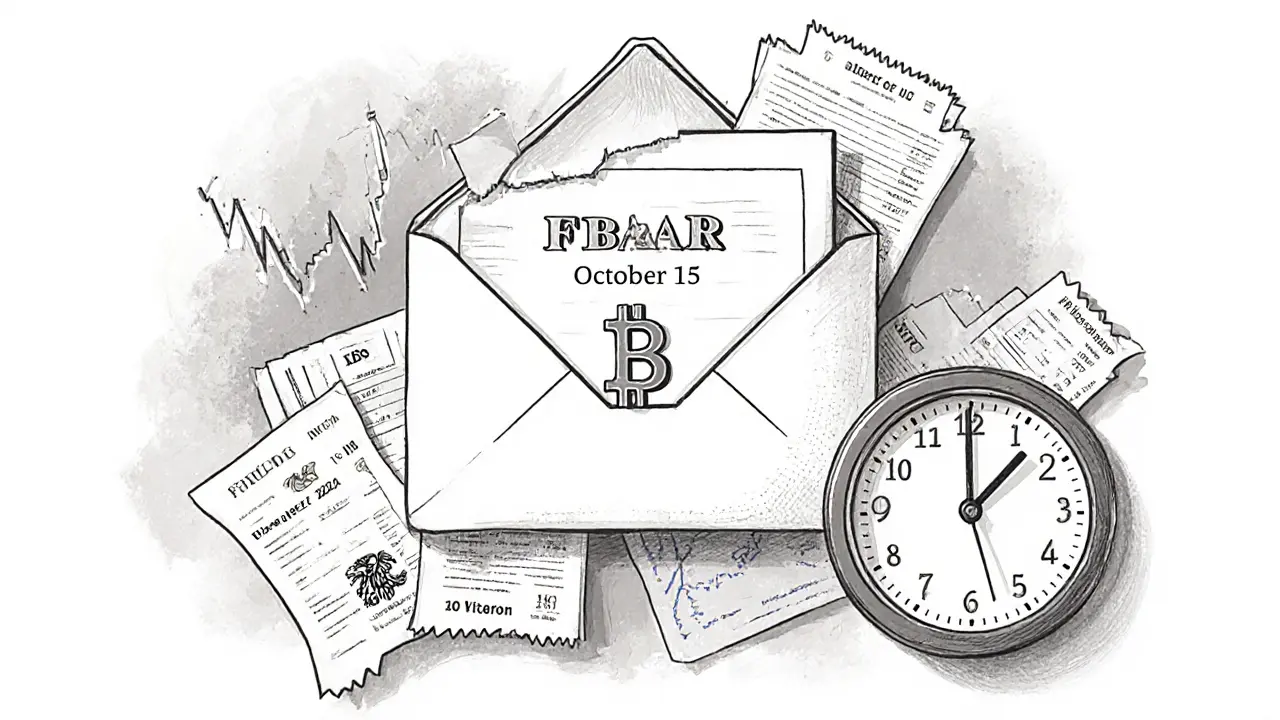 Folded FBAR envelope with crypto key and transaction receipts, near a deadline clock.