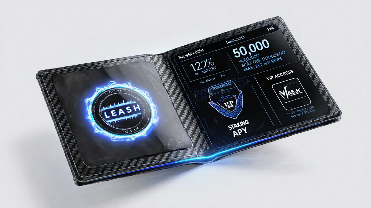 Futuristic carbon-fiber wallet with embedded LEASH token displaying staking APY and VIP access hologram.