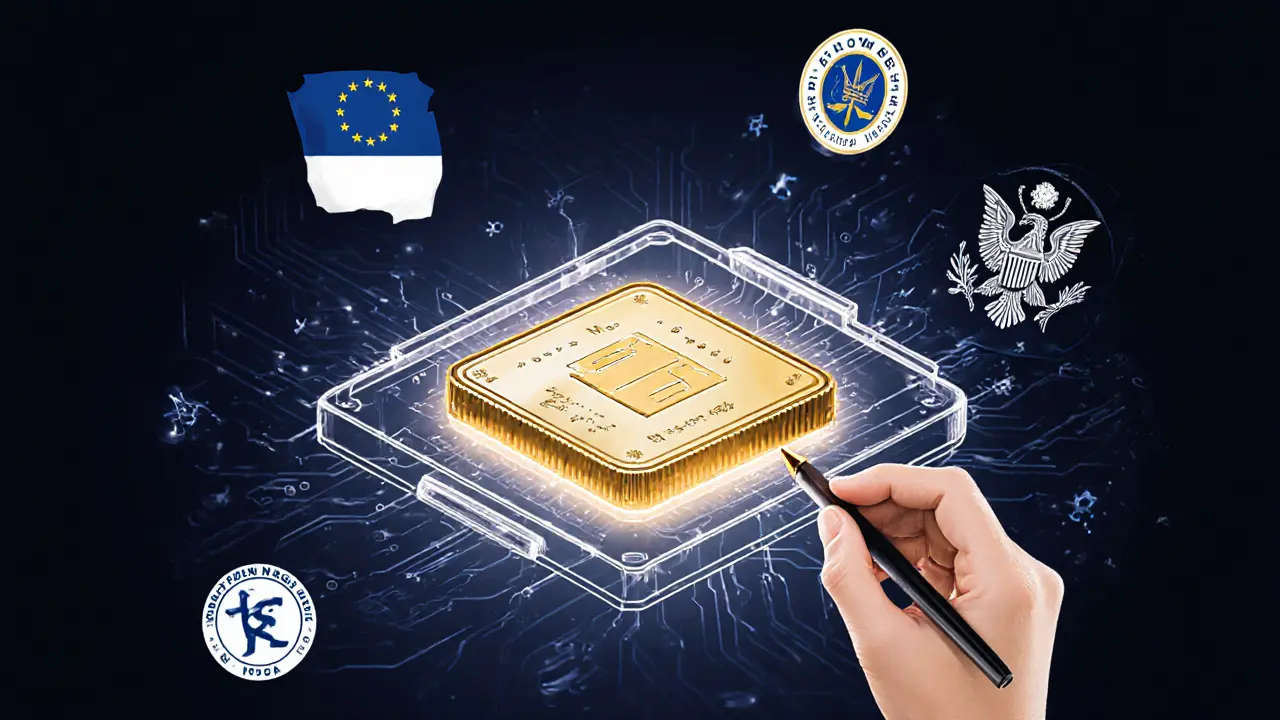 Futuristic stablecoin chip with embedded AML protocols glowing gold, surrounded by global regulator symbols.