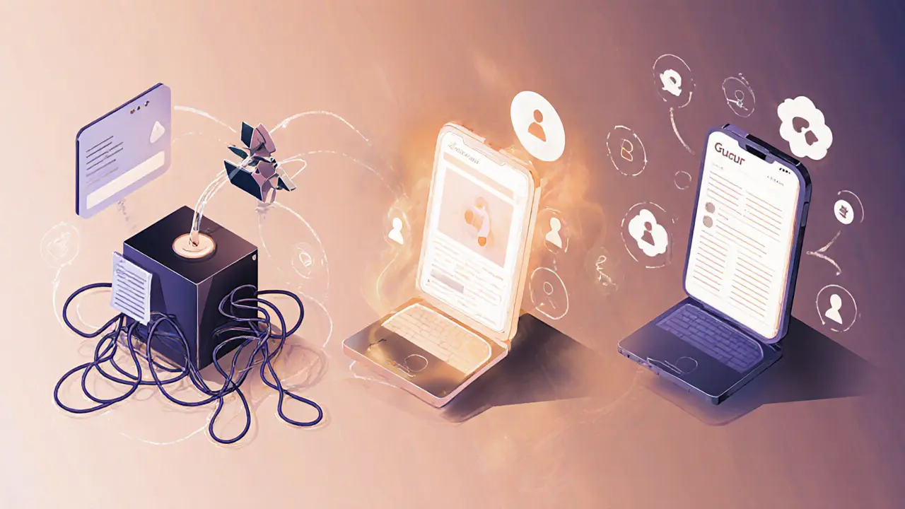Isometric sketch comparing dead Cindicator device to active Augur and Gnosis platforms