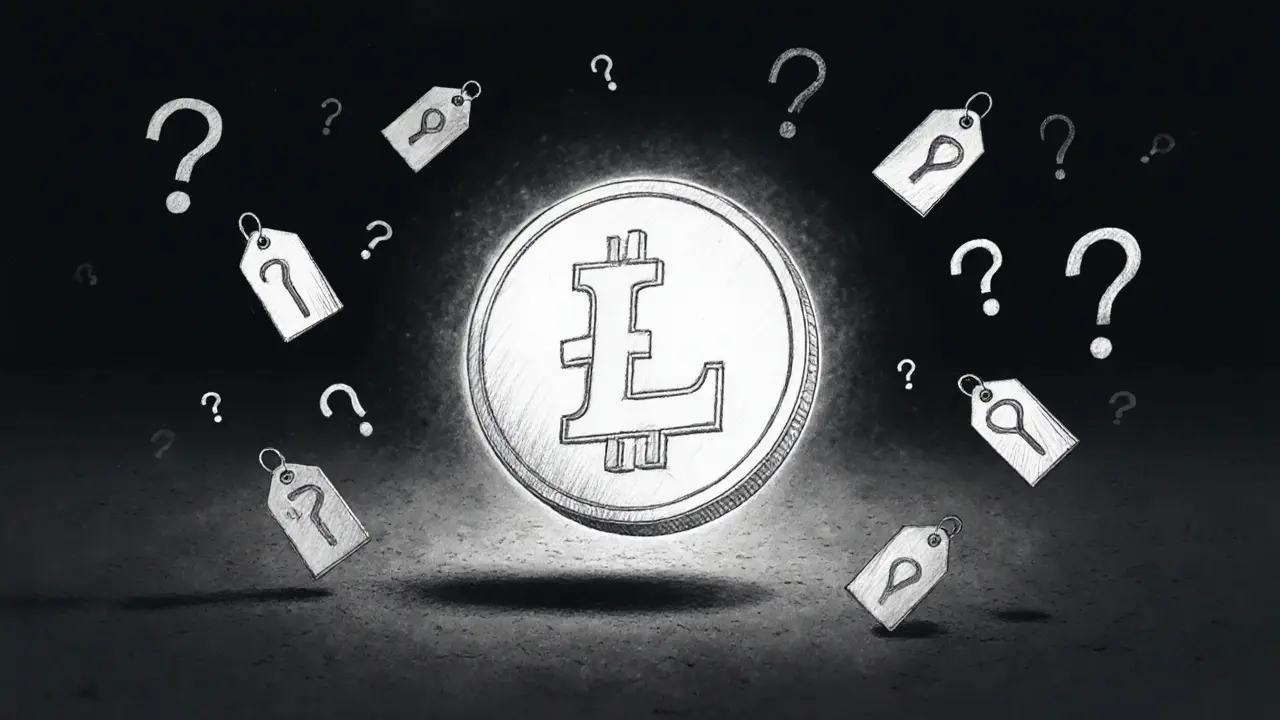 Lonely LEAD token icon floating in darkness surrounded by zero-value price tags and question marks.
