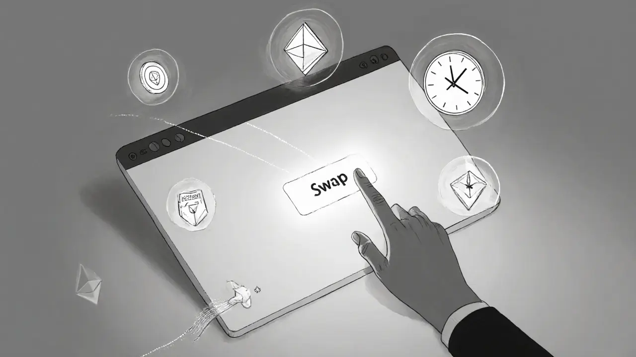 Minimalist desktop wallet interaction with a glowing swap button and floating SITH/veSITH tokens, illustrated in fine technical line art.