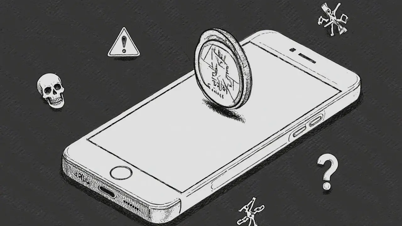 Minimalist wallet interface mockup showing a DADDY token icon surrounded by warning symbols on a carbon fiber texture.