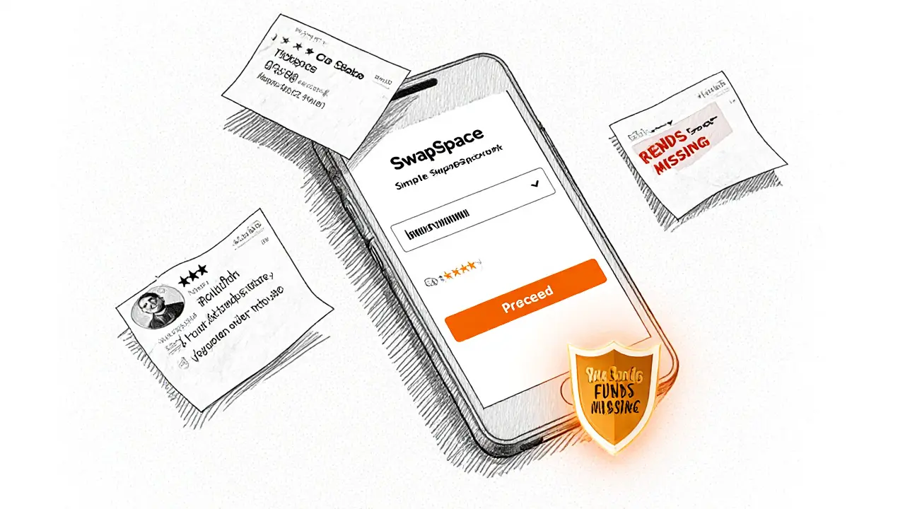 Mobile device sketch with floating review cards and non-custodial shield icon