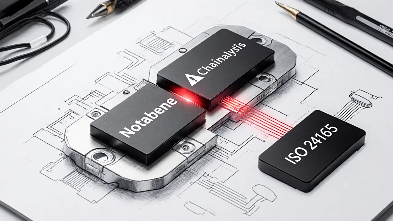 Modular compliance software interface with interconnected tech modules and data streams in technical sketch style.