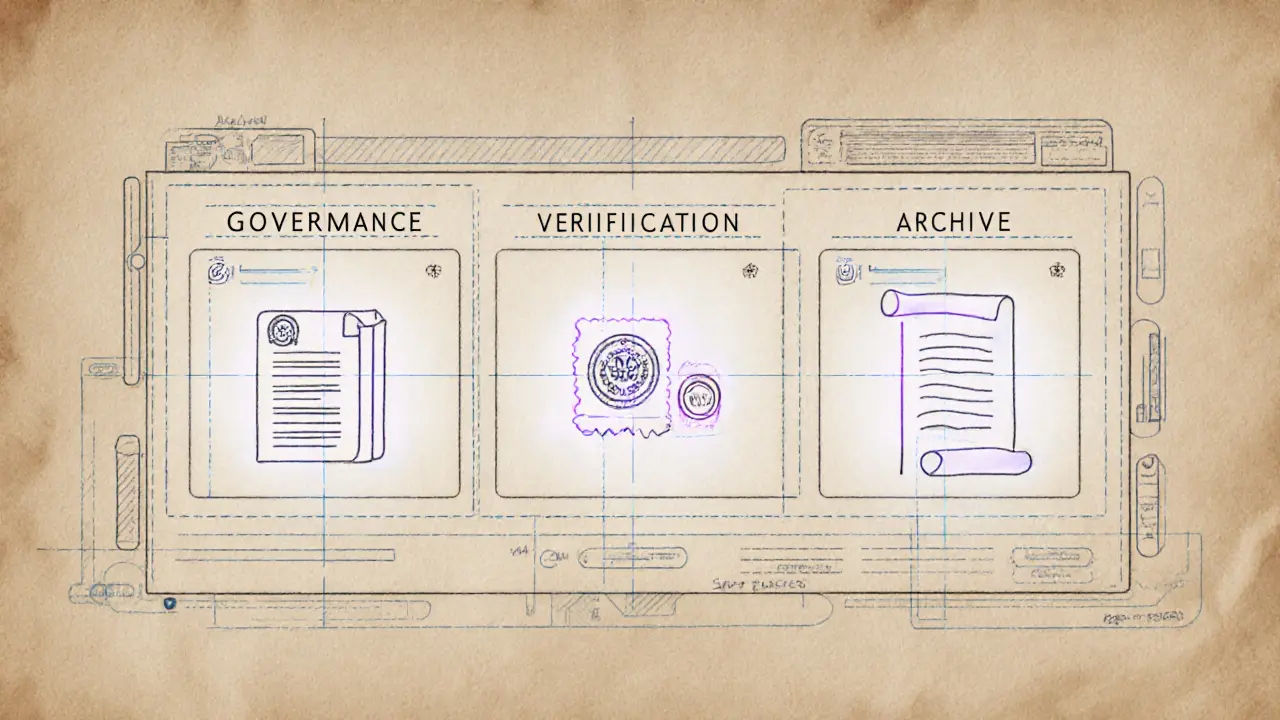Modular desktop interface with governance, verification, and archive panels