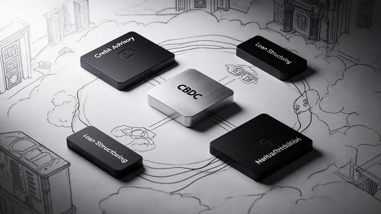 Modular financial toolkit with CBDC node connected to advisory services, industrial design aesthetic.