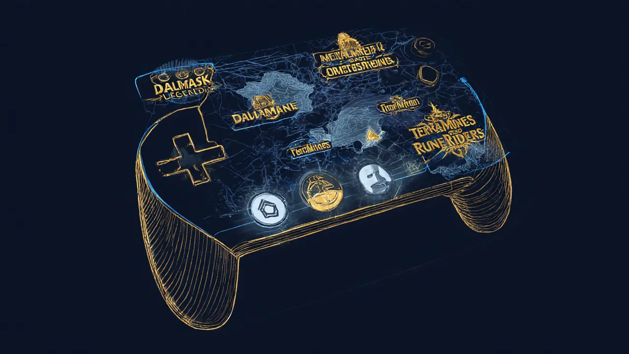 Modular game controller connecting to a holographic map of cross-chain gaming ecosystems.