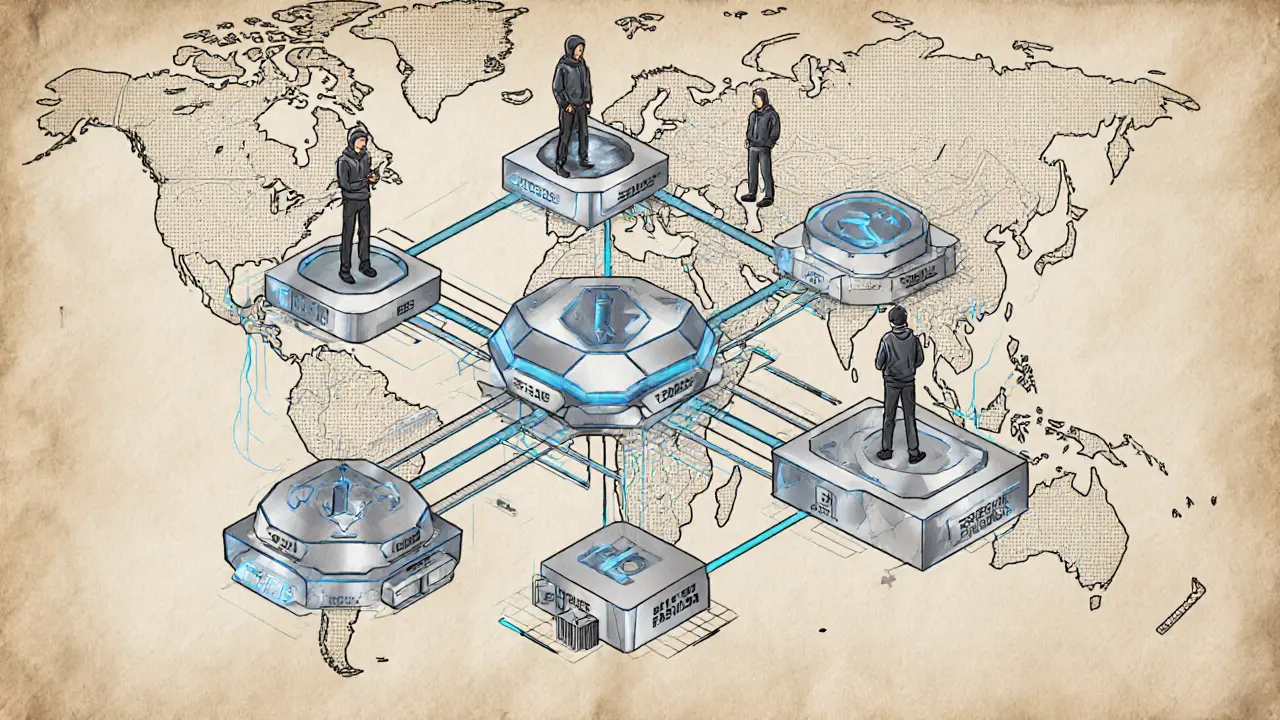 Modular trading ecosystem with liquidity nodes and trader figures in technical sketch