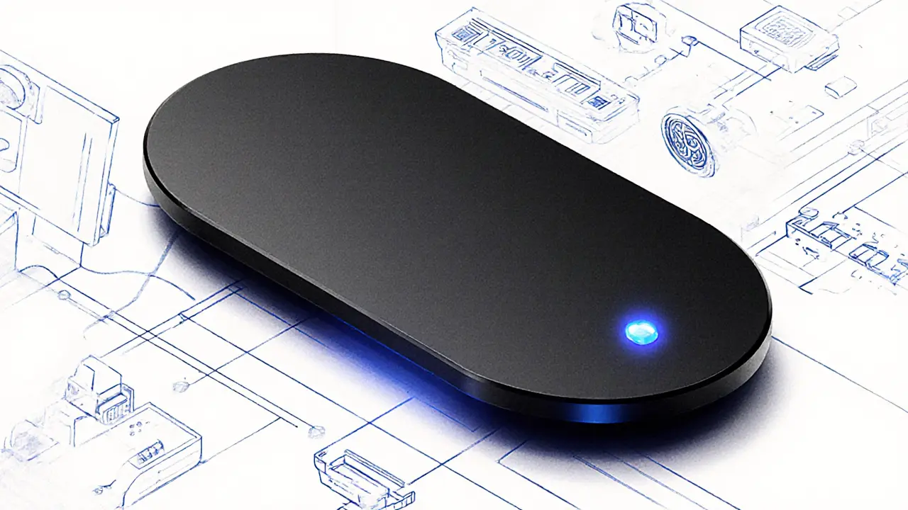 Oval hardware wallet with glowing LED and encrypted data streams around it.