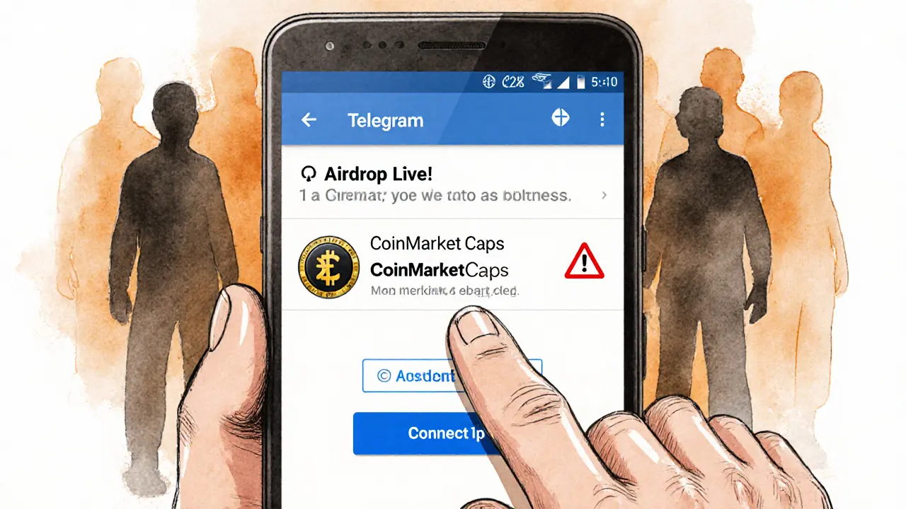 Phone screen sketch showing a scam airdrop notification with a trembling hand hovering over connect button