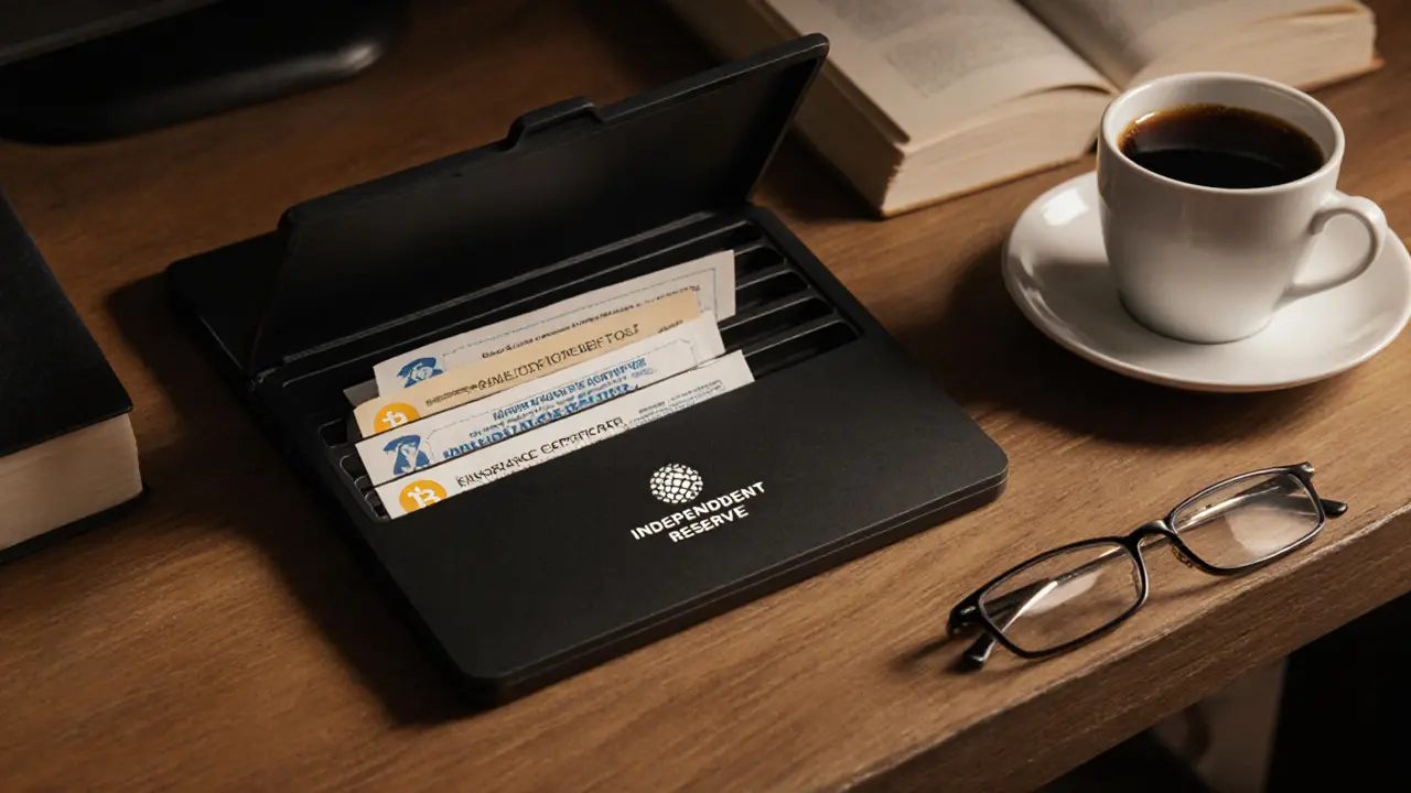 Premium crypto wallet open to reveal insured assets on wooden desk with ambient lighting