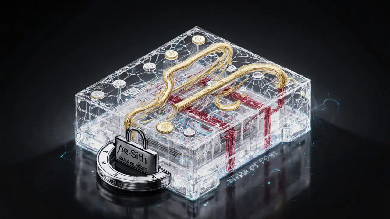 Sculptural liquidity pool dashboard with golden and crimson streams, locked veSITH mechanism, and StarkNet engine cross-section in metallic sketch style.