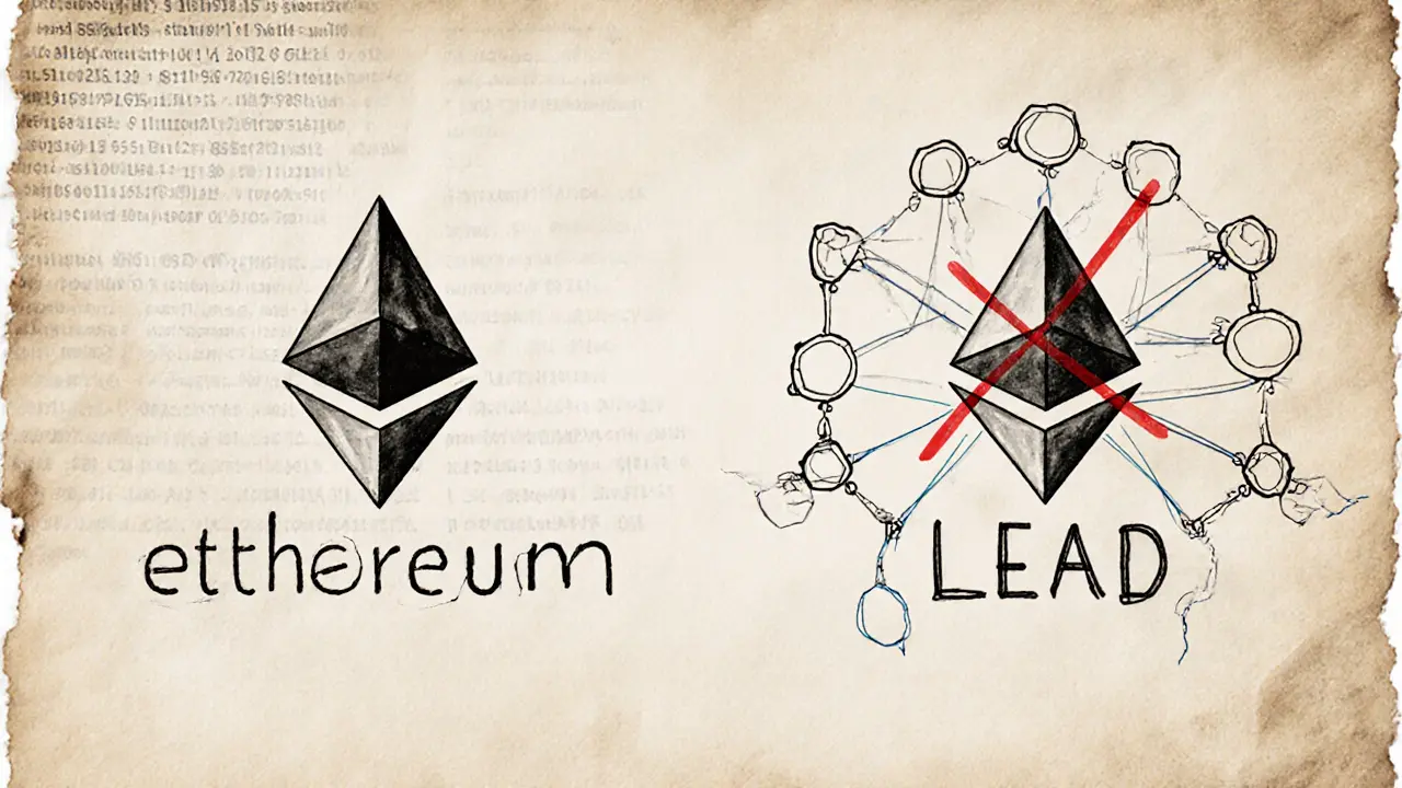 Side-by-side blockchain diagrams showing active Ethereum vs. broken LEAD network lines.