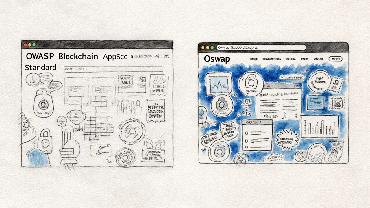 Side-by-side sketch comparing OWASP security standards with a fraudulent Oswap platform.