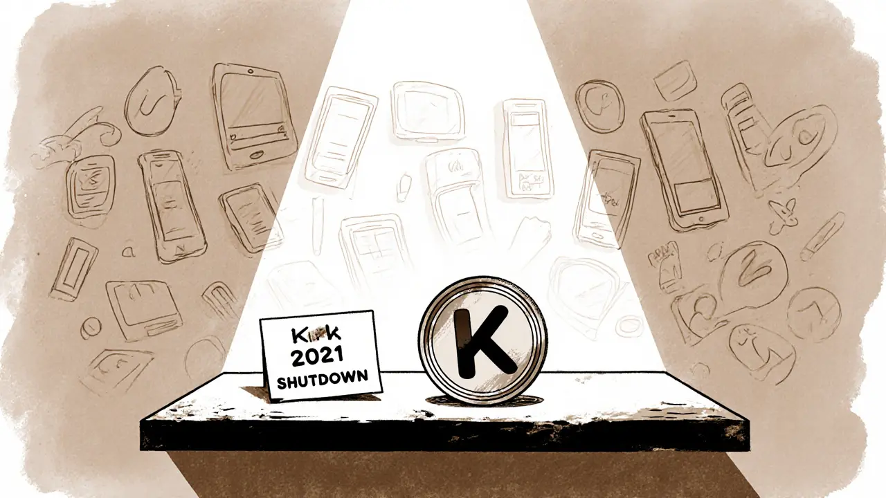 Single KIN token on a dusty shelf beside a faded Kik app icon