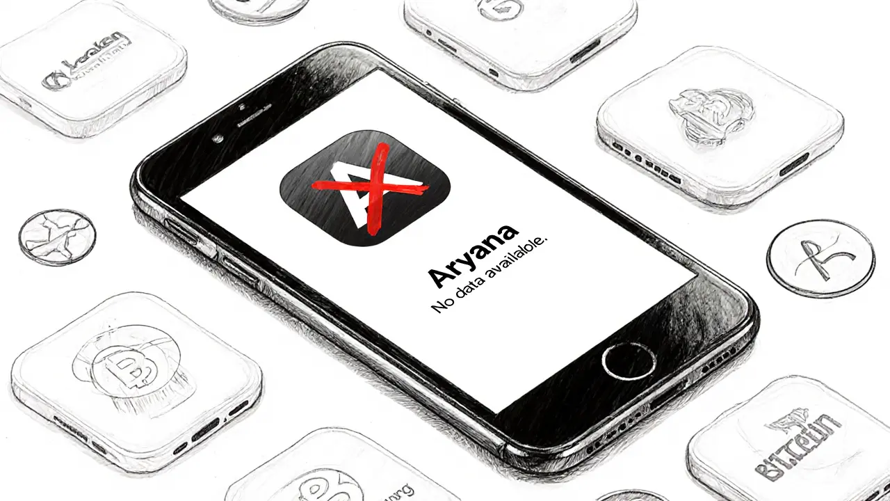 Smartphone mockup showing a fake crypto app opening to a blank screen with &#039;No data available&#039; text.