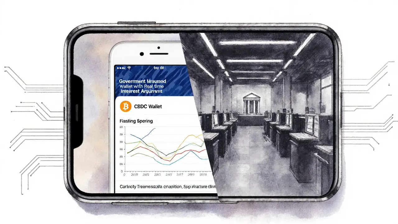 Split-screen device showing CBDC wallet and empty bank branch, rendered in technical sketch style.