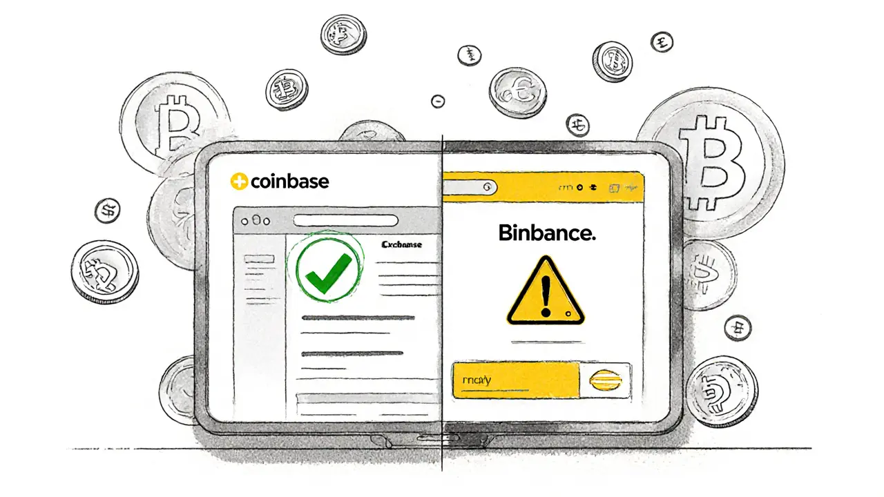 Split-screen device sketch comparing U.S. and foreign crypto exchanges with warning symbols.