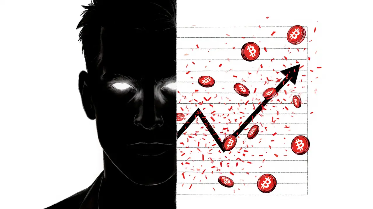 Split sketch of Andrew Tate&#039;s silhouette beside a falling graph and scattered tokens, rendered in ink with red accents.