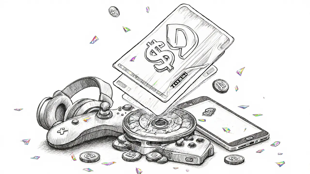 Transparent $D token card hovering above gaming gear with tokens raining down as confetti.