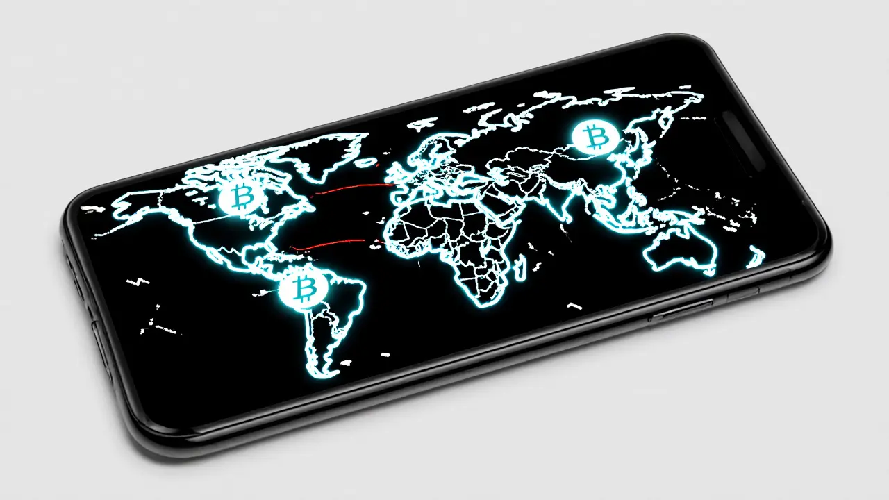 Transparent global map overlay on a device silhouette showing crypto-traditional asset trade connections.