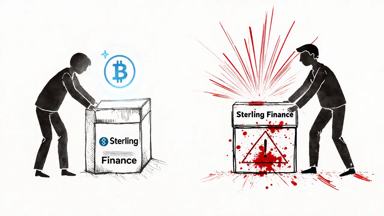 Two hands reaching for confused Sterling Finance labels — one real, one fraudulent