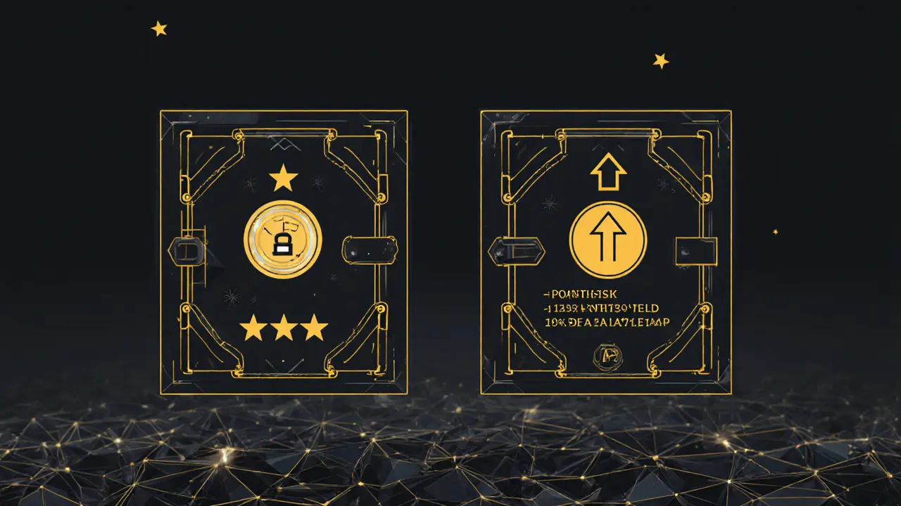 Two vault interfaces: one for loyalty points, one for boosted yield, in technical sketch style.