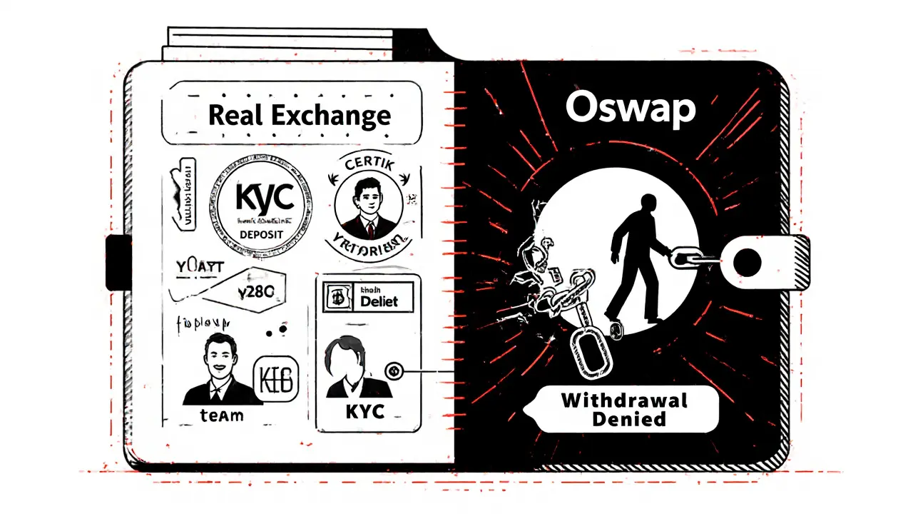 Wallet-shaped design contrasting legitimate exchange features with Oswap&#039;s empty, fraudulent core.