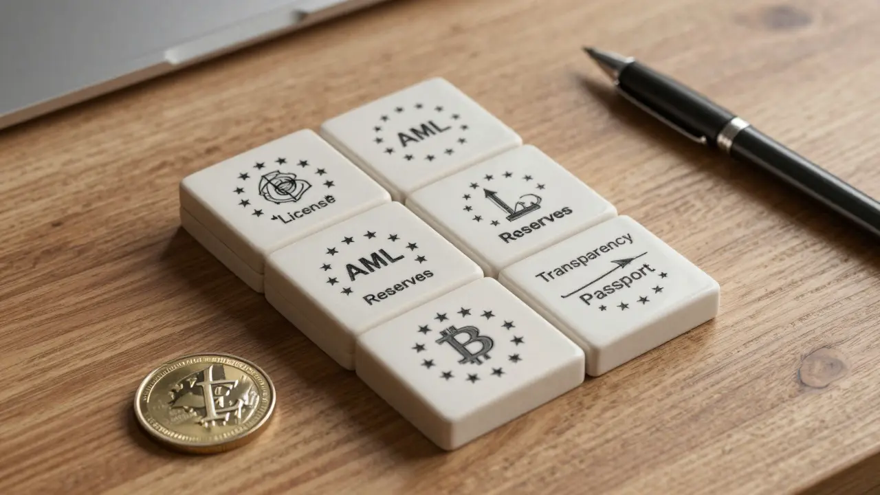 A modular compliance toolkit of interlocking tiles labeled with key MiCA requirements, resting on a wooden desk.