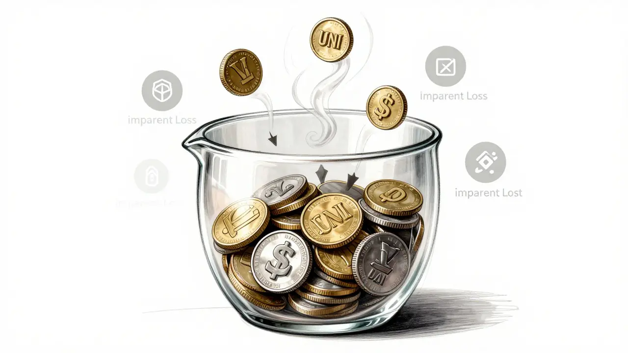 A transparent liquidity pool with stablecoins and rising reward tokens, shown as a tech prototype sketch with risk indicators.