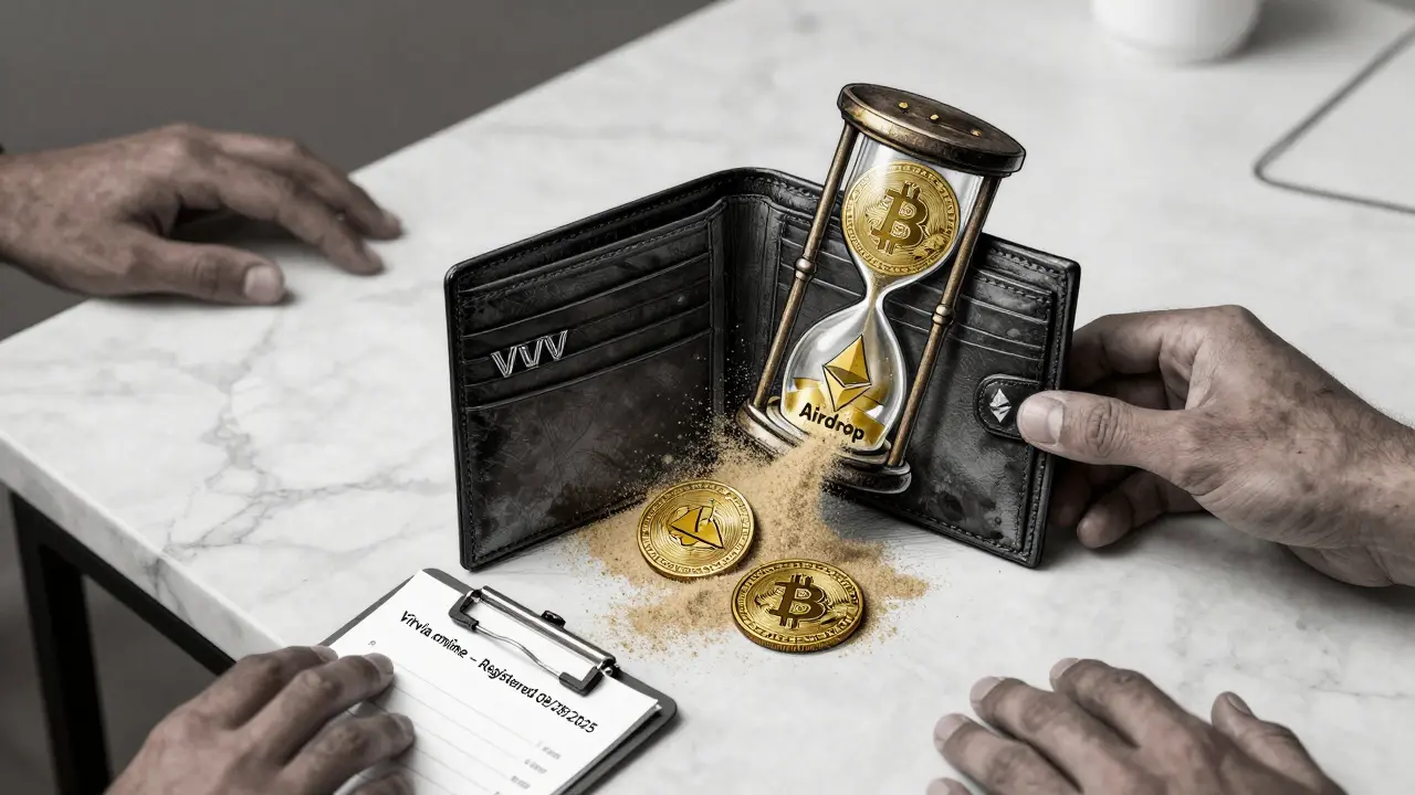 A wallet emptying crypto icons into an hourglass labeled 'VDV Airdrop' with a hidden domain note.