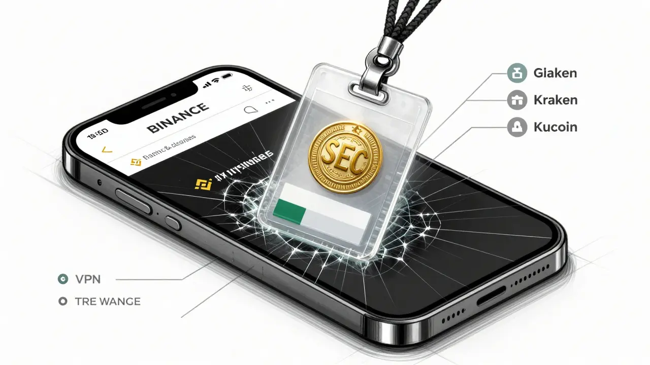 Broken Binance screen with SEC license badge floating above, showing legal restriction and VPN connections.