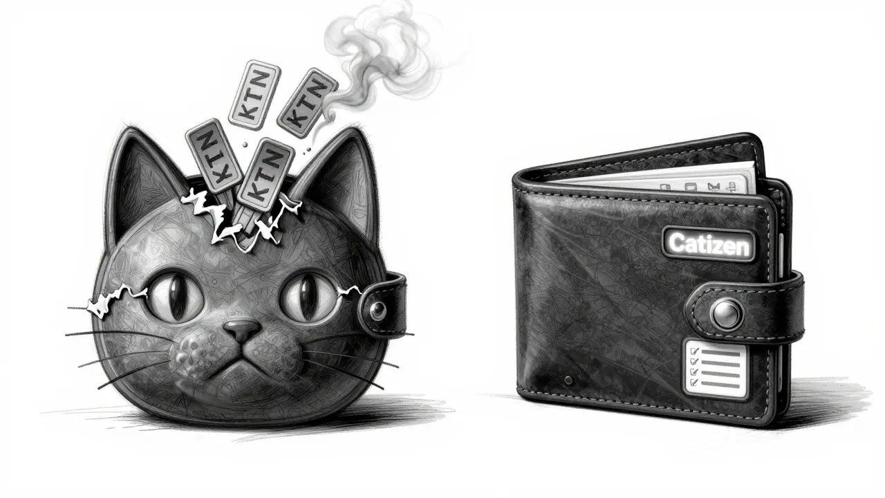 Cat-shaped wallet spilling dissolving tokens, contrasted with a secure wallet under dramatic lighting.