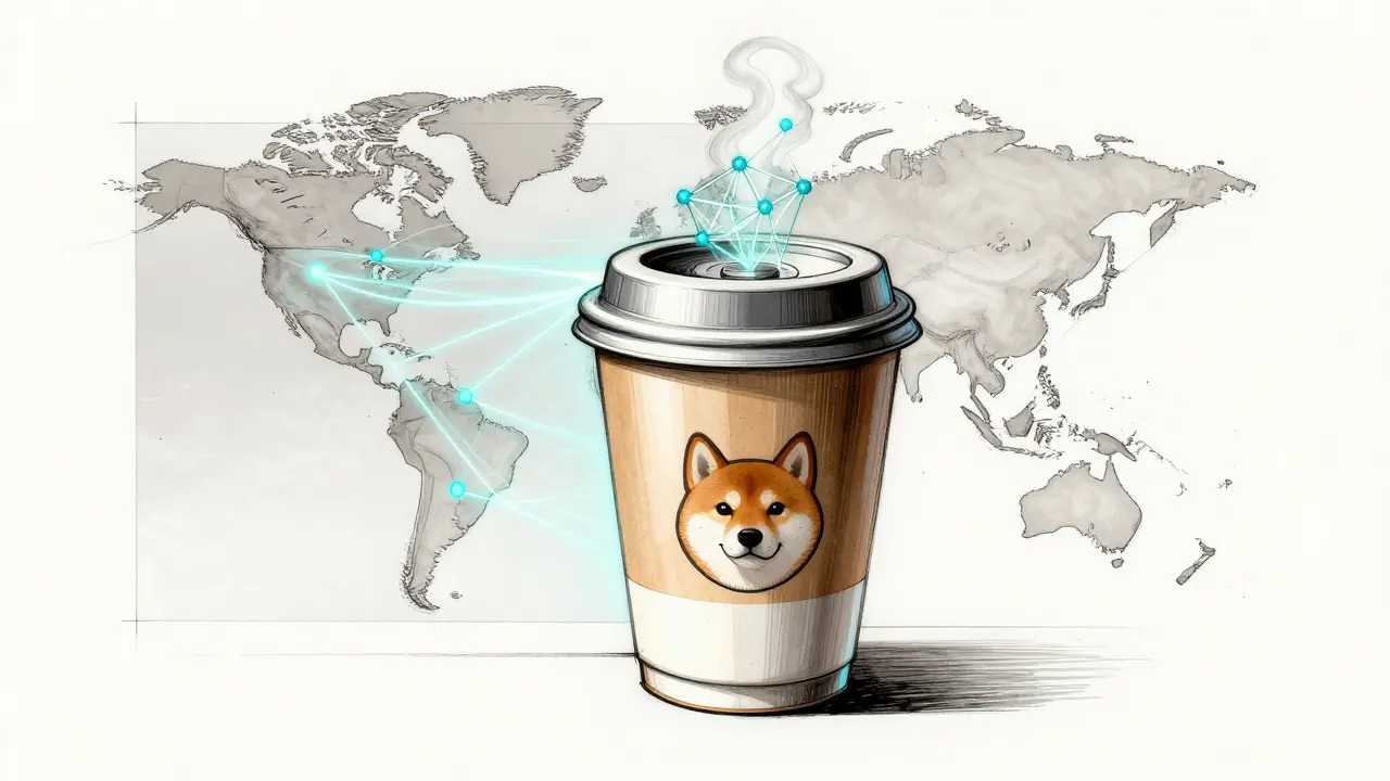 Coffee cup with Shiba Inu logo and blockchain steam forming a transaction network.