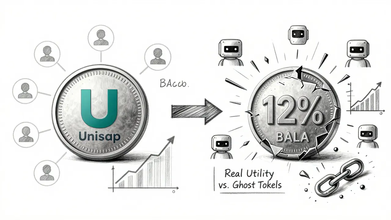 Contrasting sketch of a real airdrop vs. a dead crypto token with 12% fee symbols.