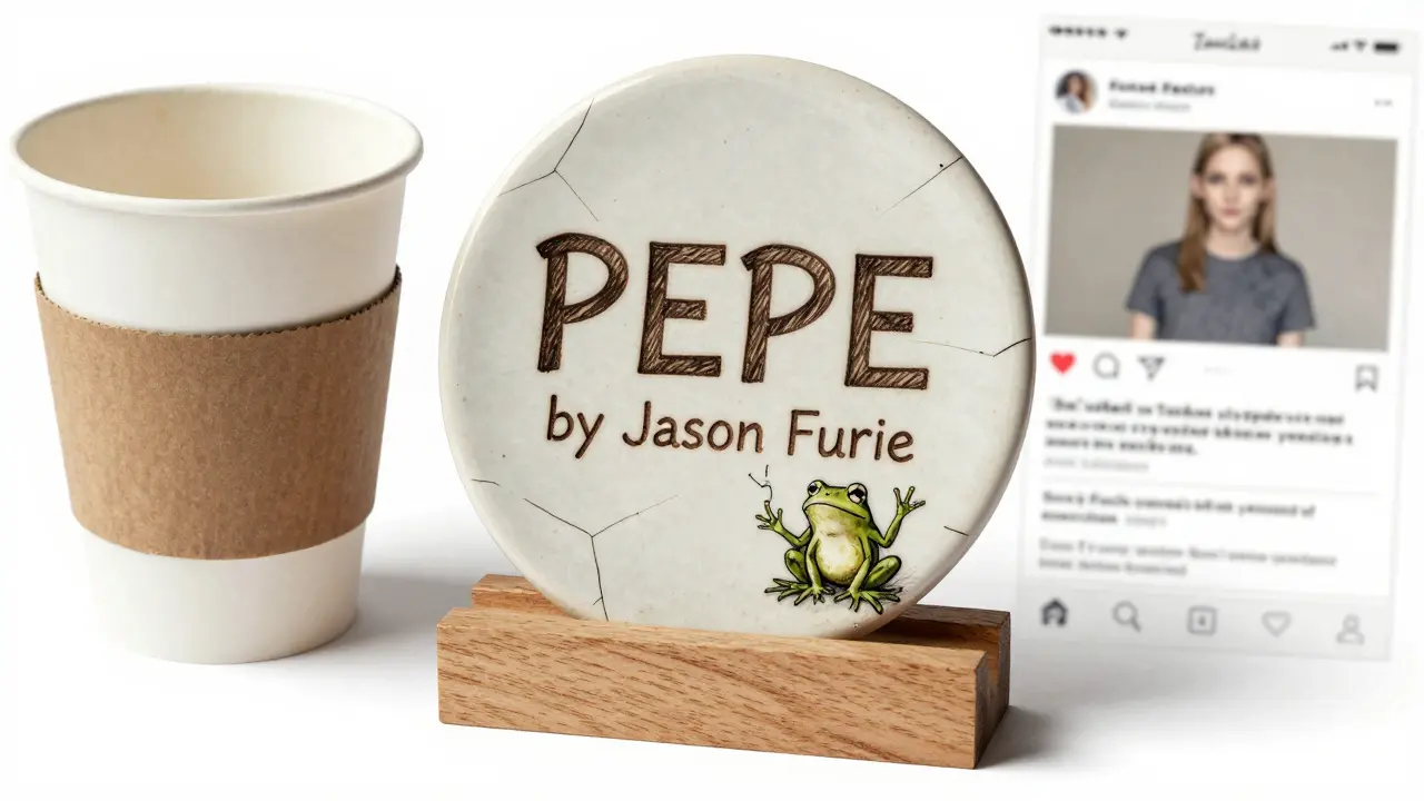 Cracked ceramic token plaque with Pepe meme beside a coffee cup and faded Tumblr print
