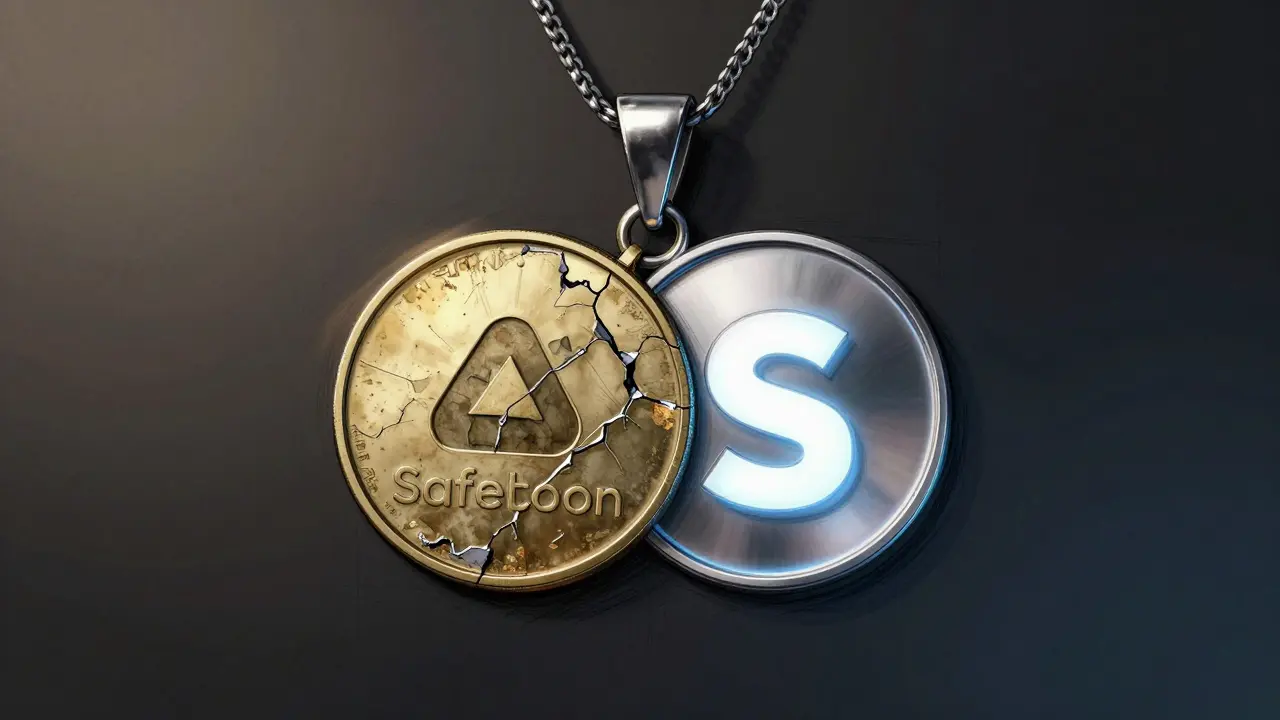 Dual-faced token pendant: cracked old SafeMoon logo vs. glowing new version on a chain.