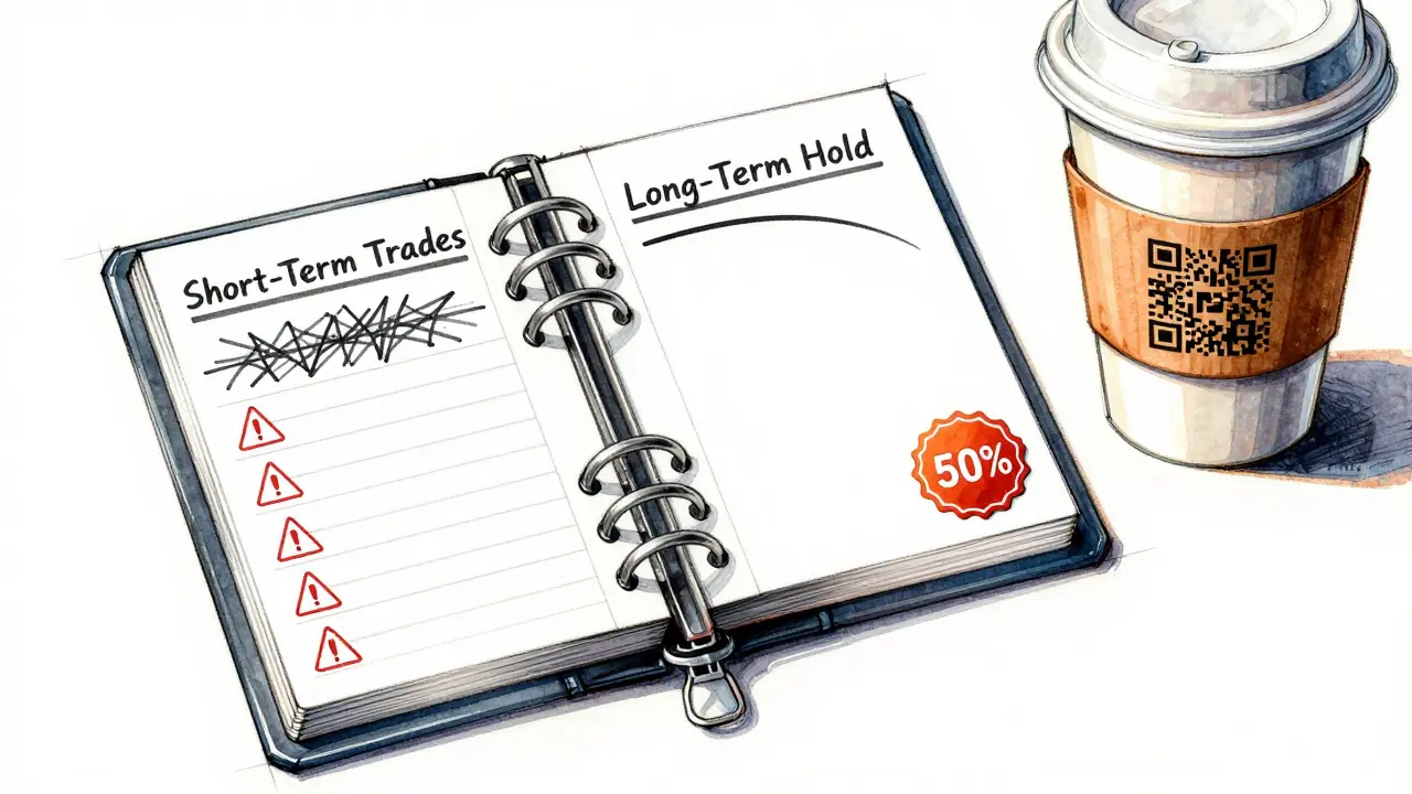 Dual-panel tax planner showing short-term risks vs long-term savings with coffee cup
