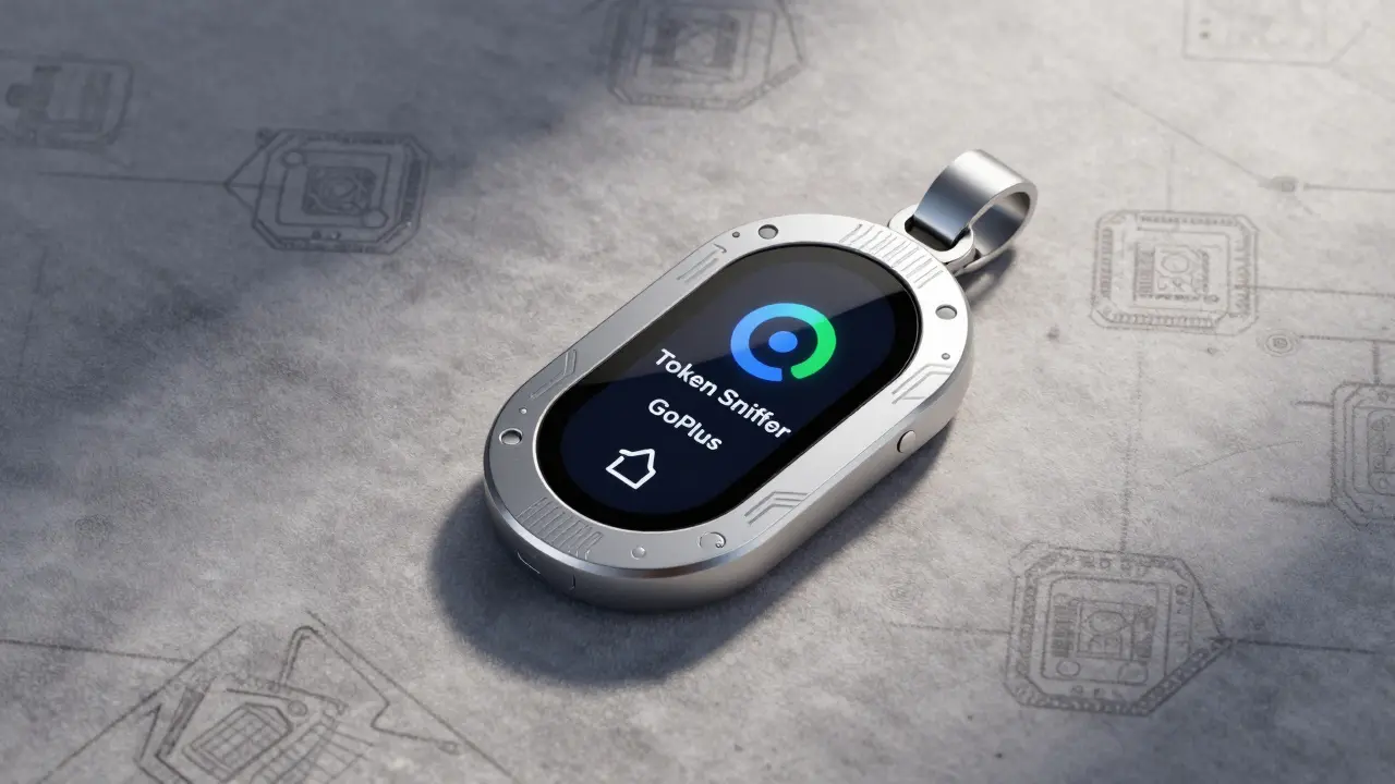 Elegant wearable pendant with live crypto safety score display.