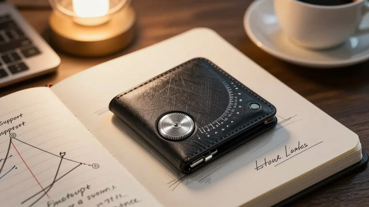 Futuristic crypto wallet with a dial labeled with ATR and Fibonacci scales, resting on a desk.