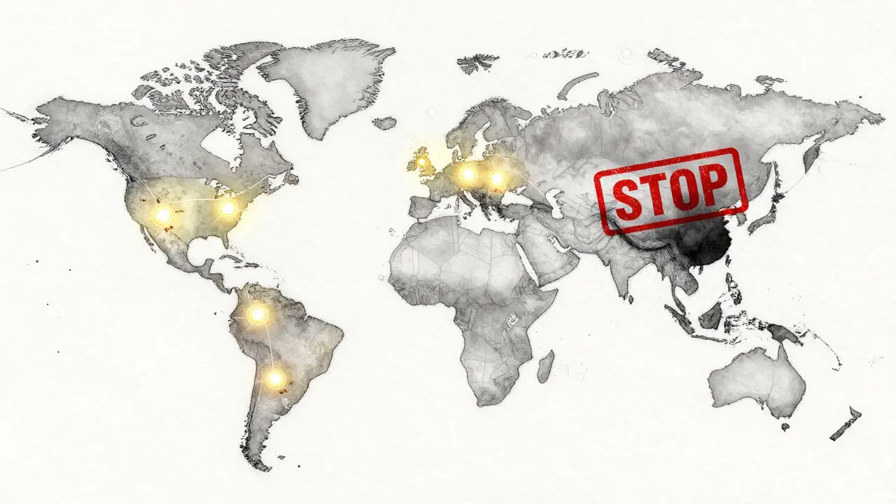 Global map showing CBDC adoption everywhere except the U.S., marked with a 'STOP' stamp.