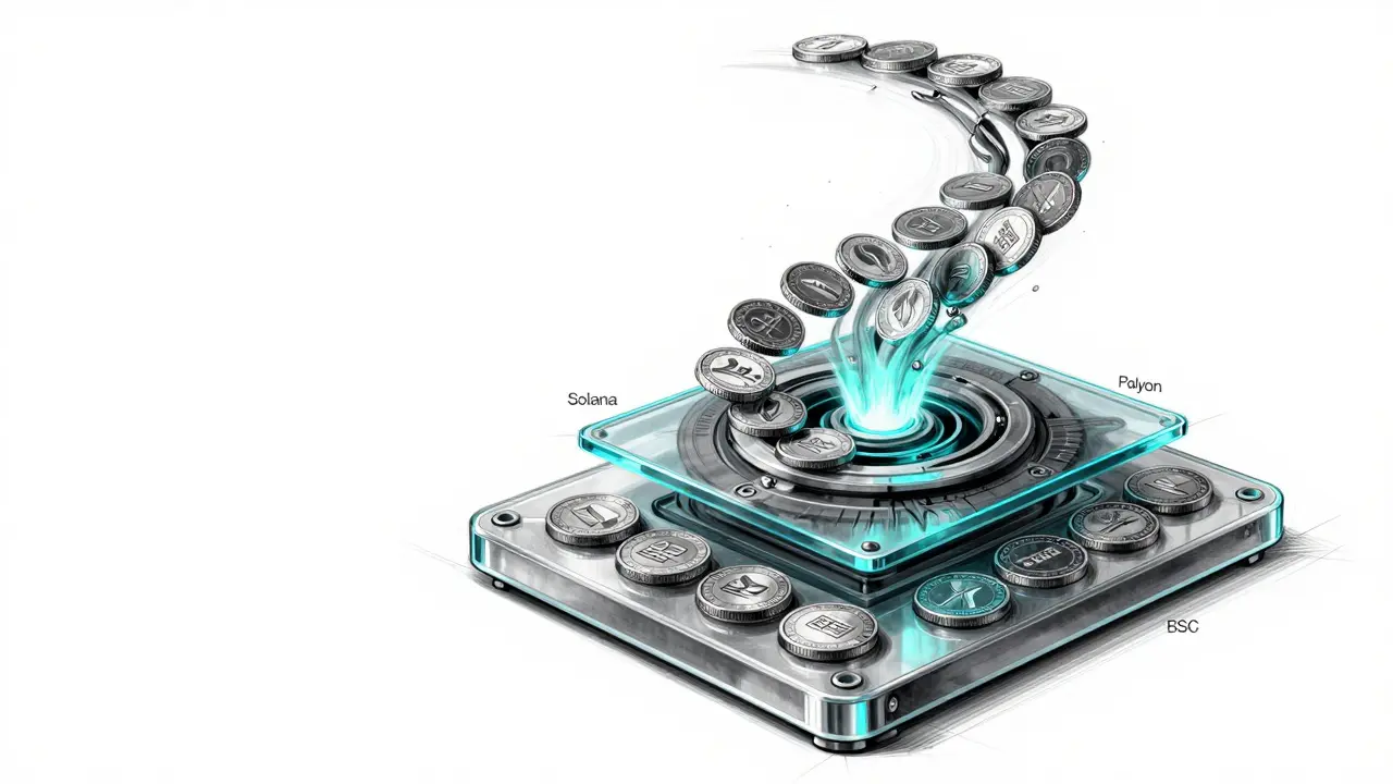 Layered token distribution module showing burned tokens transforming into new ones across three blockchains.