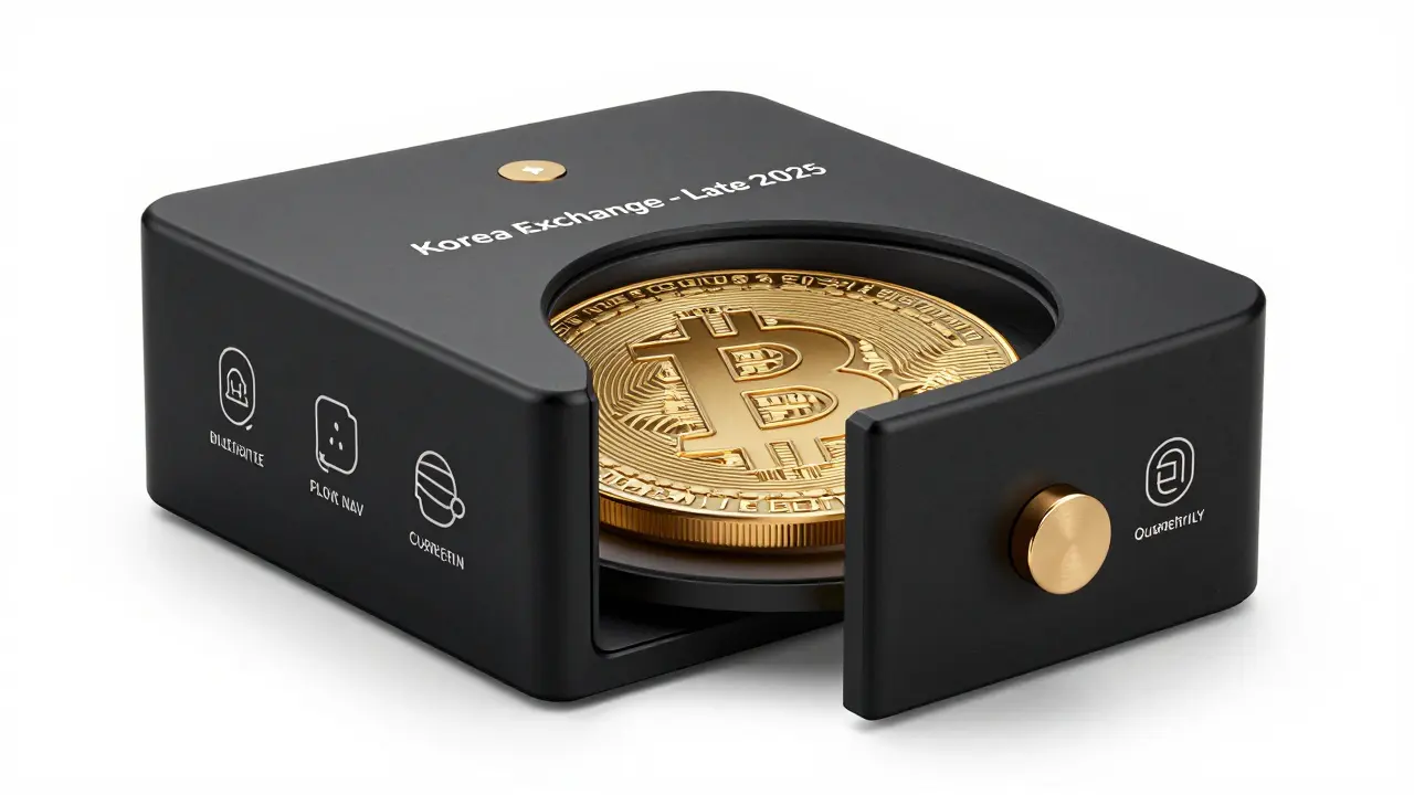 Luxury ETF product box with transparent Bitcoin ticker and regulatory compliance icons.