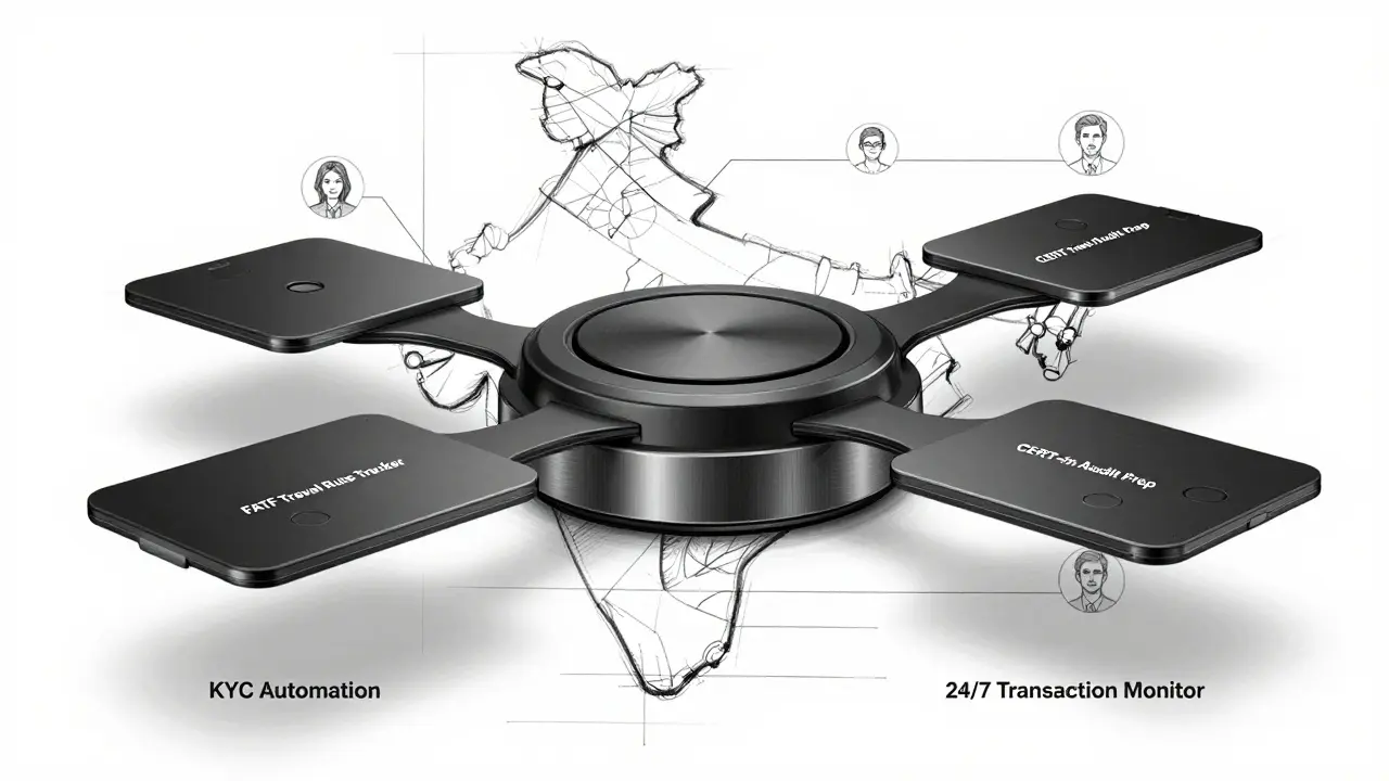 Modular compliance toolkit with KYC, FATF, and audit modules in technical product design style.