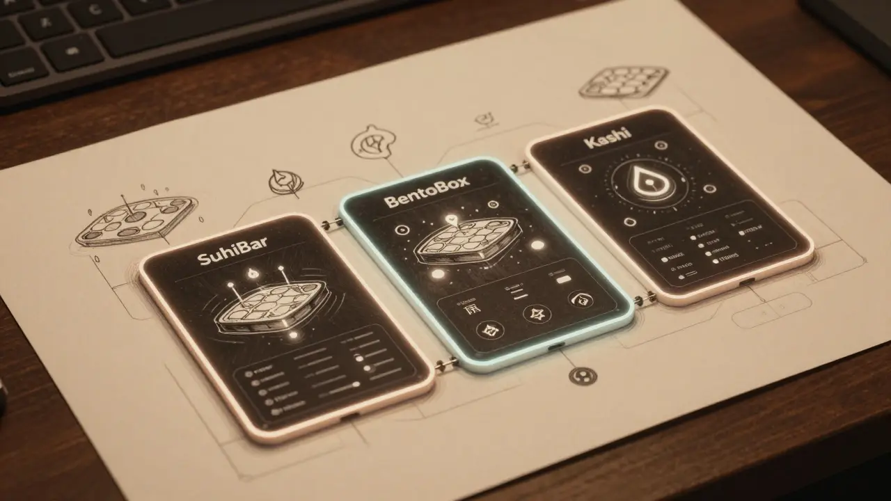 Modular DeFi dashboard with labeled panels for SushiBar, BentoBox, and Kashi.