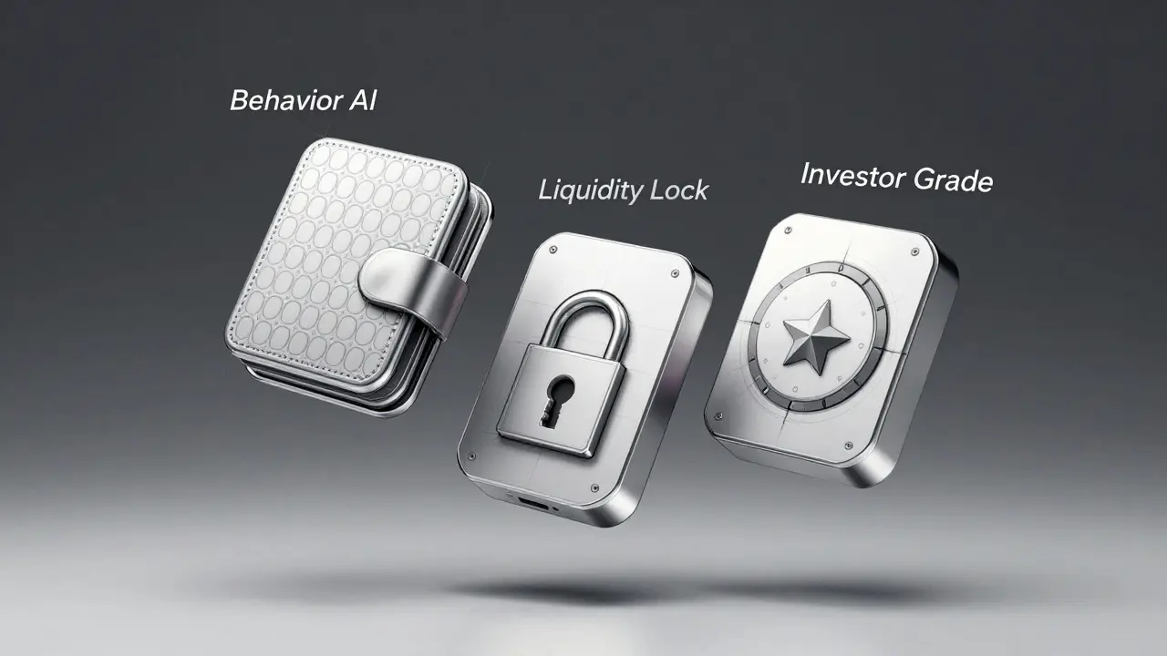 Modular investor toolkit with AI, liquidity lock, and grade components floating in air.