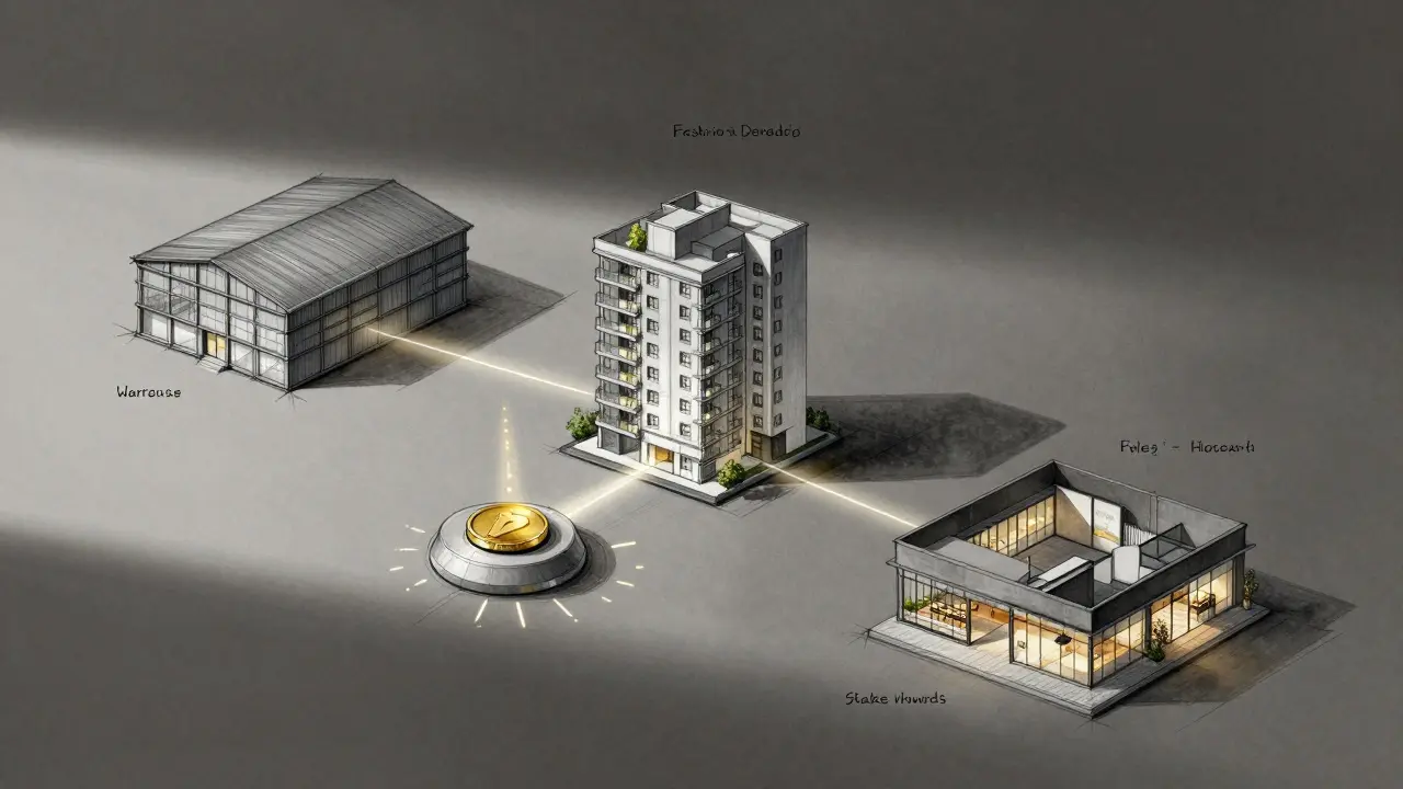 Real estate dashboard with property models connected to a central LAND token hub.
